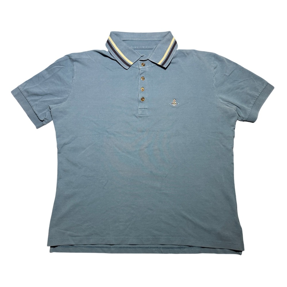 Vivienne Westwood Man Blue Orb Logo Polo Shirt XXL Striped Collar Cotton Pique